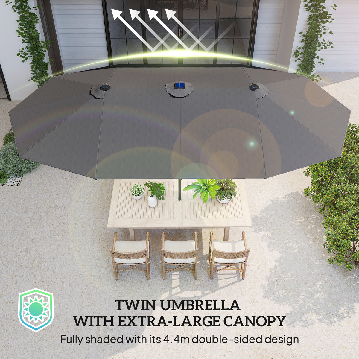 174" Double-Sided Sun Umbrella Garden Parasol Patio Sun Shade Outdoor with LED Solar Light, Khaki – view 13