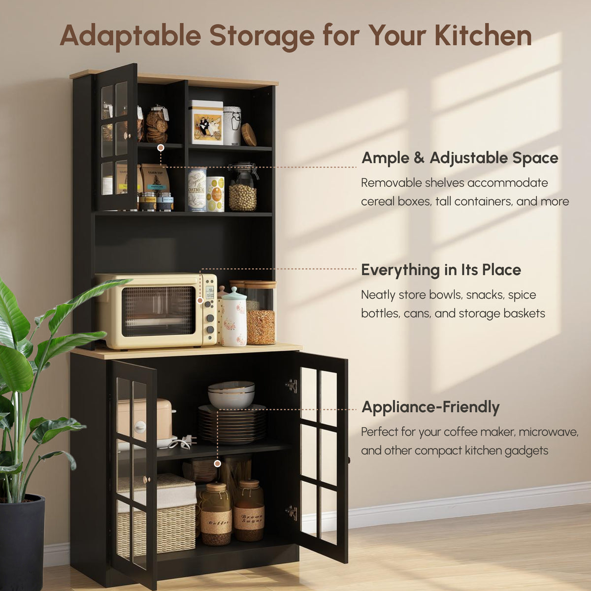 Kitchen Buffet with Hutch, Storage Pantry with 3 Cabinets, 2 Open Shelves and Large Countertop, Black – view 3