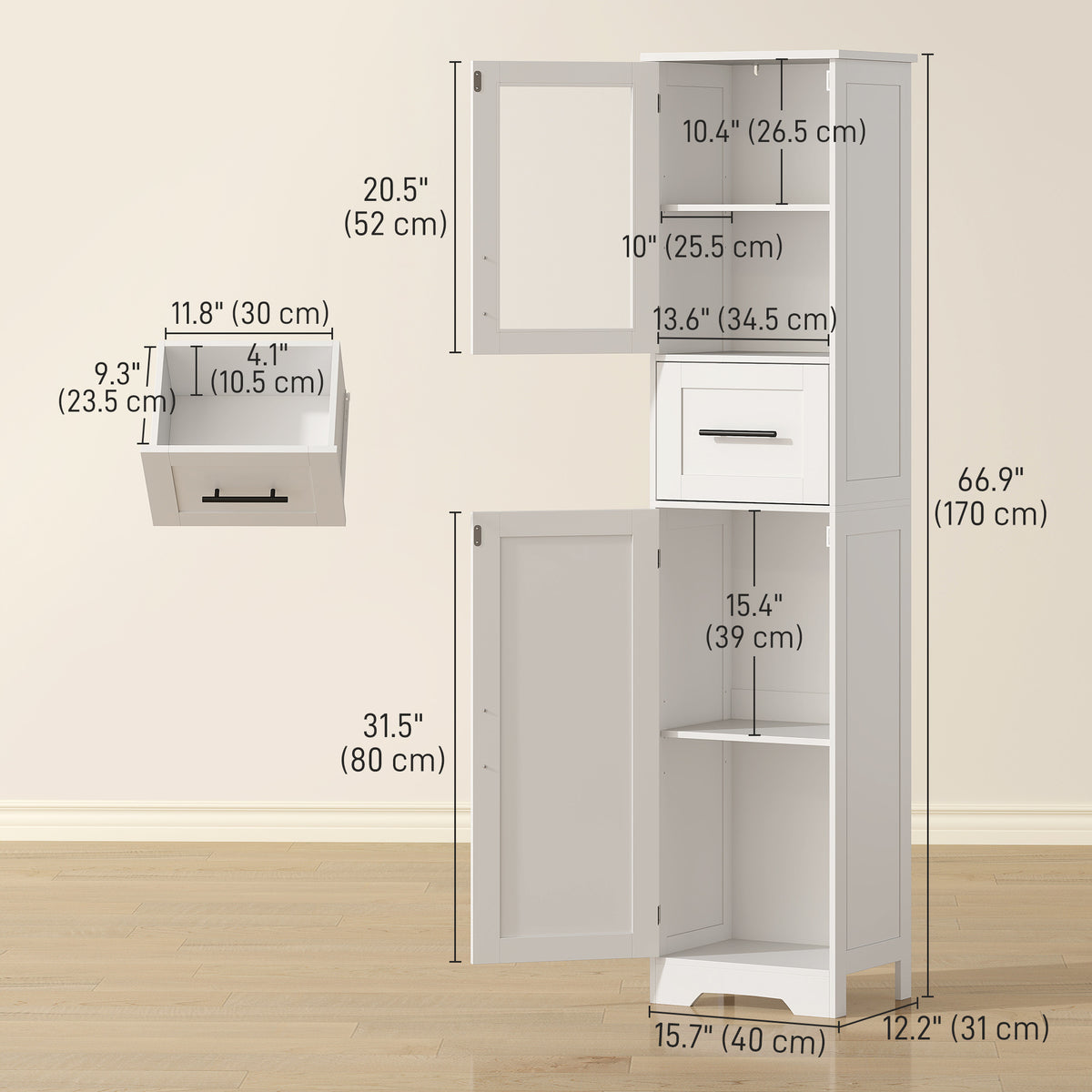 67" Tall Bathroom Storage Cabinet, Freestanding Narrow Bathroom Cabinet with Adjustable Shelves, Glass Door and Drawer