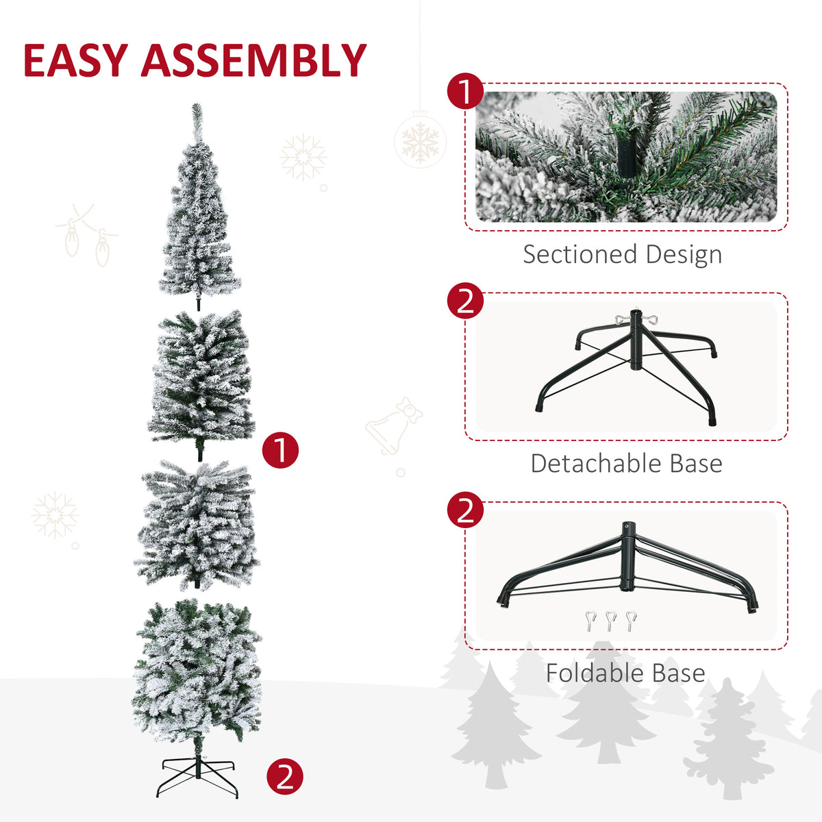 6ft Flocked Christmas Tree, Pencil Christmas Tree with Realistic Branch Tips, Folding Metal Stand, Green – view 47