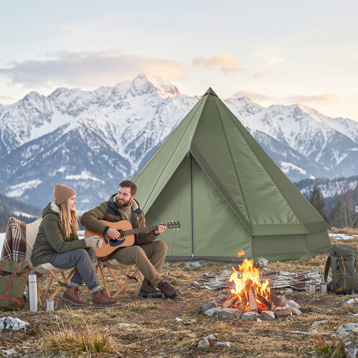 Teepee Tent Waterproof Camping Tent with Stove Jack for 4-6 Person Outdoor Camping Hiking Army Green