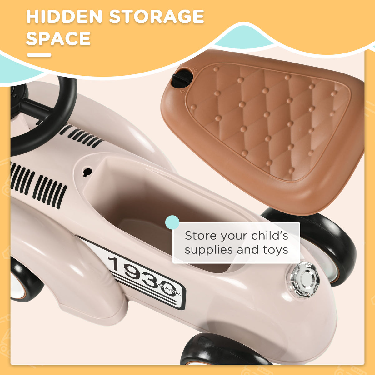 Aosom Ride on Sliding Classic Car for Toddlers, Foot To Floor Slider with Under Seat Storage, Aged 18-36 Months, Cream White