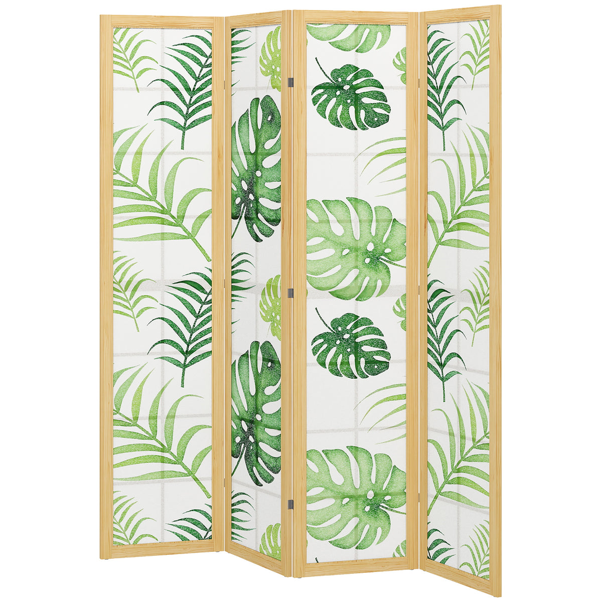 4 Panel Folding Privacy Screen, 67" Room Divider with Palm Leaf Design for Living Room Bedroom, Natural and Green