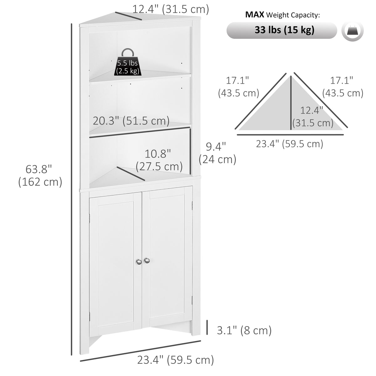 Tall Bathroom Storage Cabinet, Corner Cabinet with Doors, Linen Cabinet with Doors and 3-Tier Shelves, White