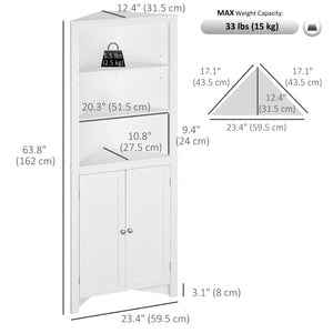 Tall Bathroom Storage Cabinet, Corner Cabinet with Doors, Linen Cabinet with Doors and 3-Tier Shelves, White