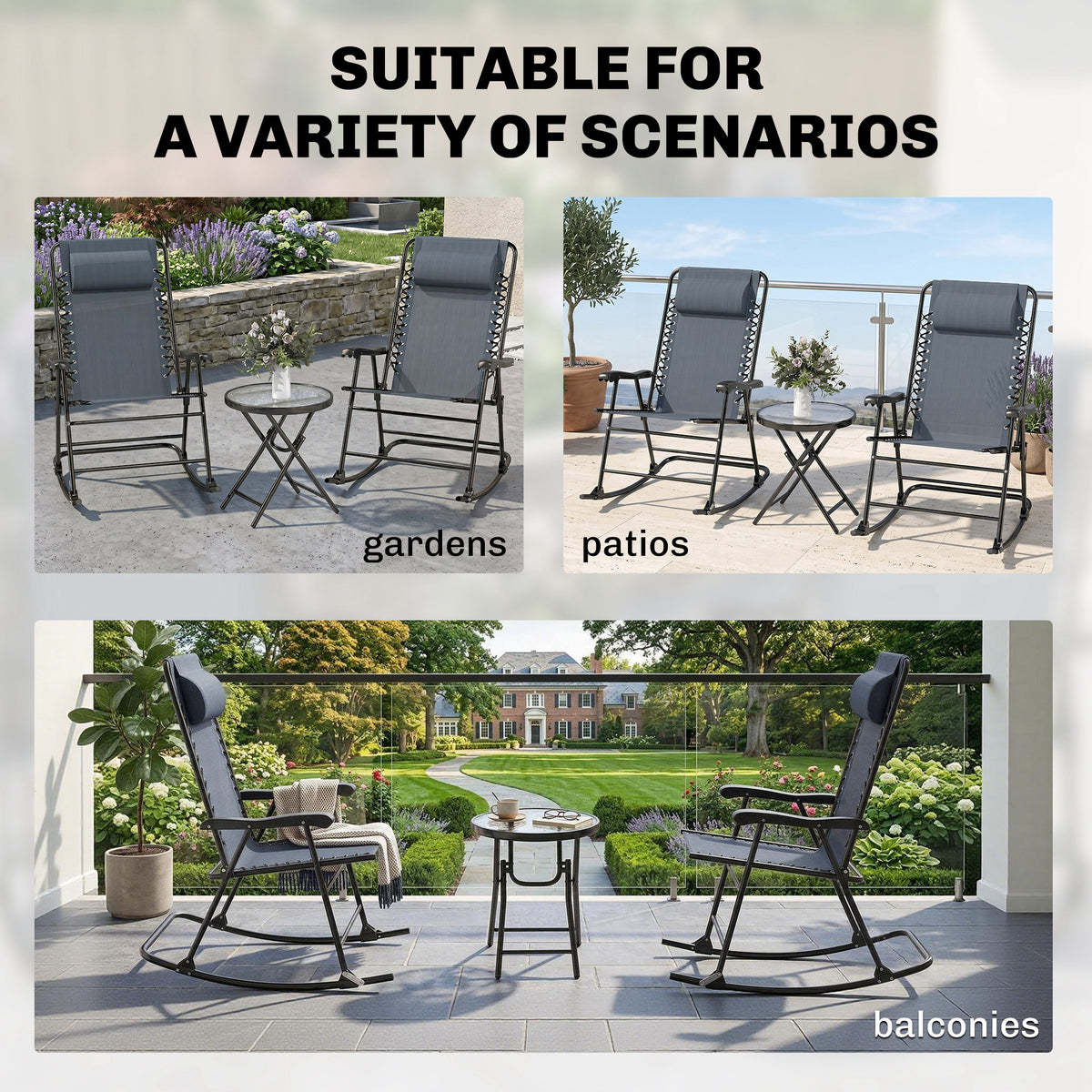 3pc Patio Rocking Chair Set, Folding Outdoor Rocking Chairs and Table Bistro Set w/ Breathable Mesh Seat – view 13
