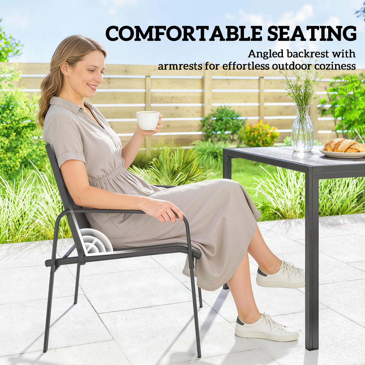 Outdoor Dining Set for 6, Faux Wood Patio Table and Chairs with Breathable Mesh Seat, Galvanized Steel Frame, Black