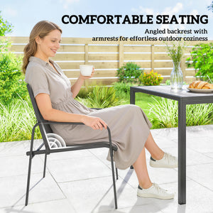 Outdoor Dining Set for 6, Faux Wood Patio Table and Chairs with Breathable Mesh Seat, Galvanized Steel Frame, Black