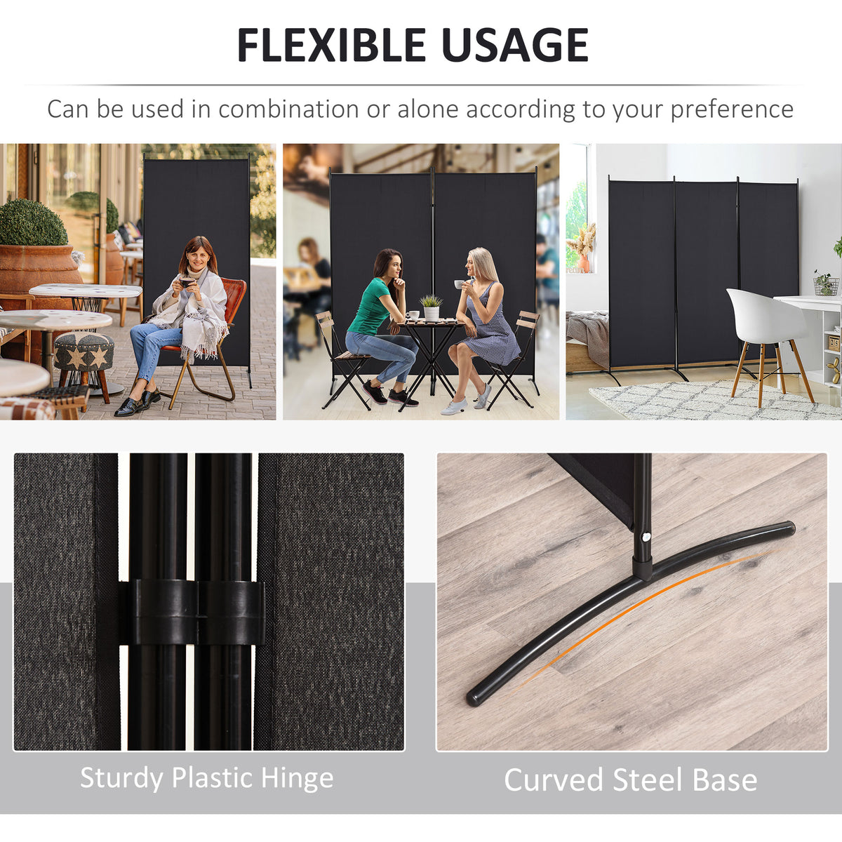 6' 3 Panel Room Divider, Double Hinged Folding Wall Divider, Indoor Privacy Screen for Home Office, Black – view 10