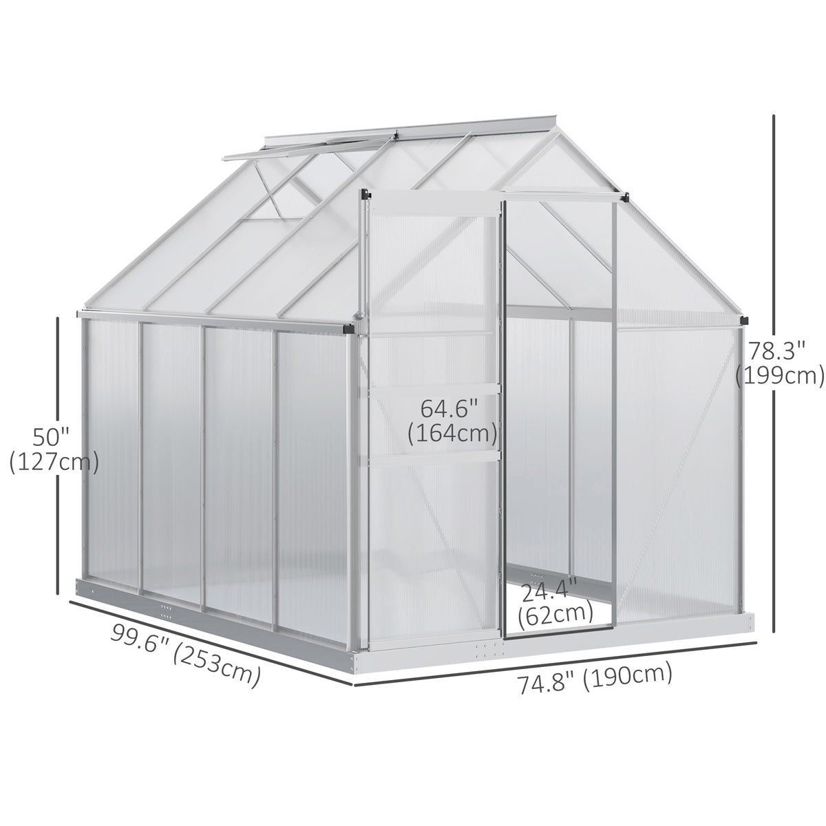 6' x 8' x 6.5' Walk-in Greenhouse, Polycarbonate Greenhouse with Adjustable Roof Vent, Base, Sliding Door – view 9