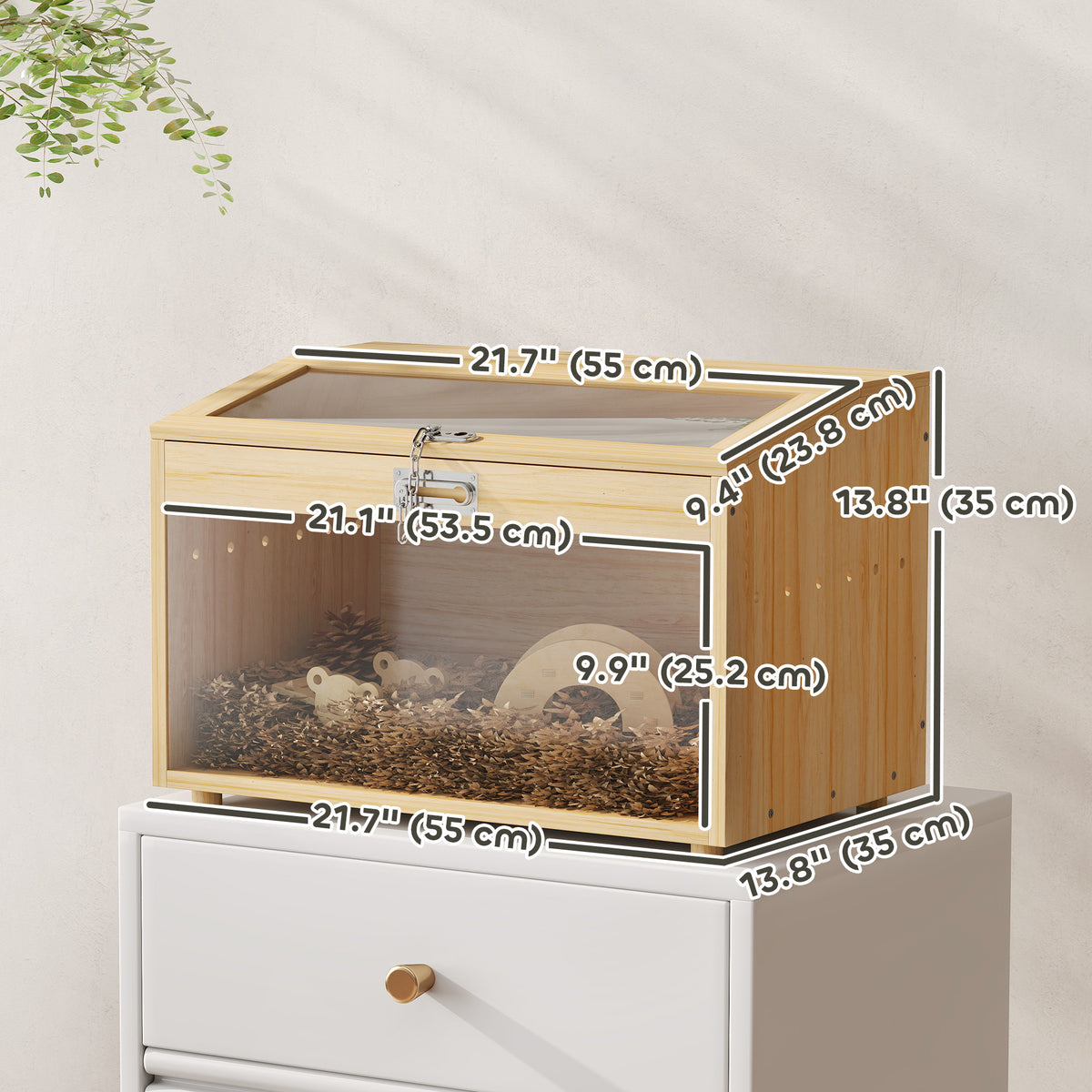 22"L Hamster Cage with Openable Top & Acrylic Windows, Small Animal Cage with Hut, Seesaw, Ladder, Natural Wood