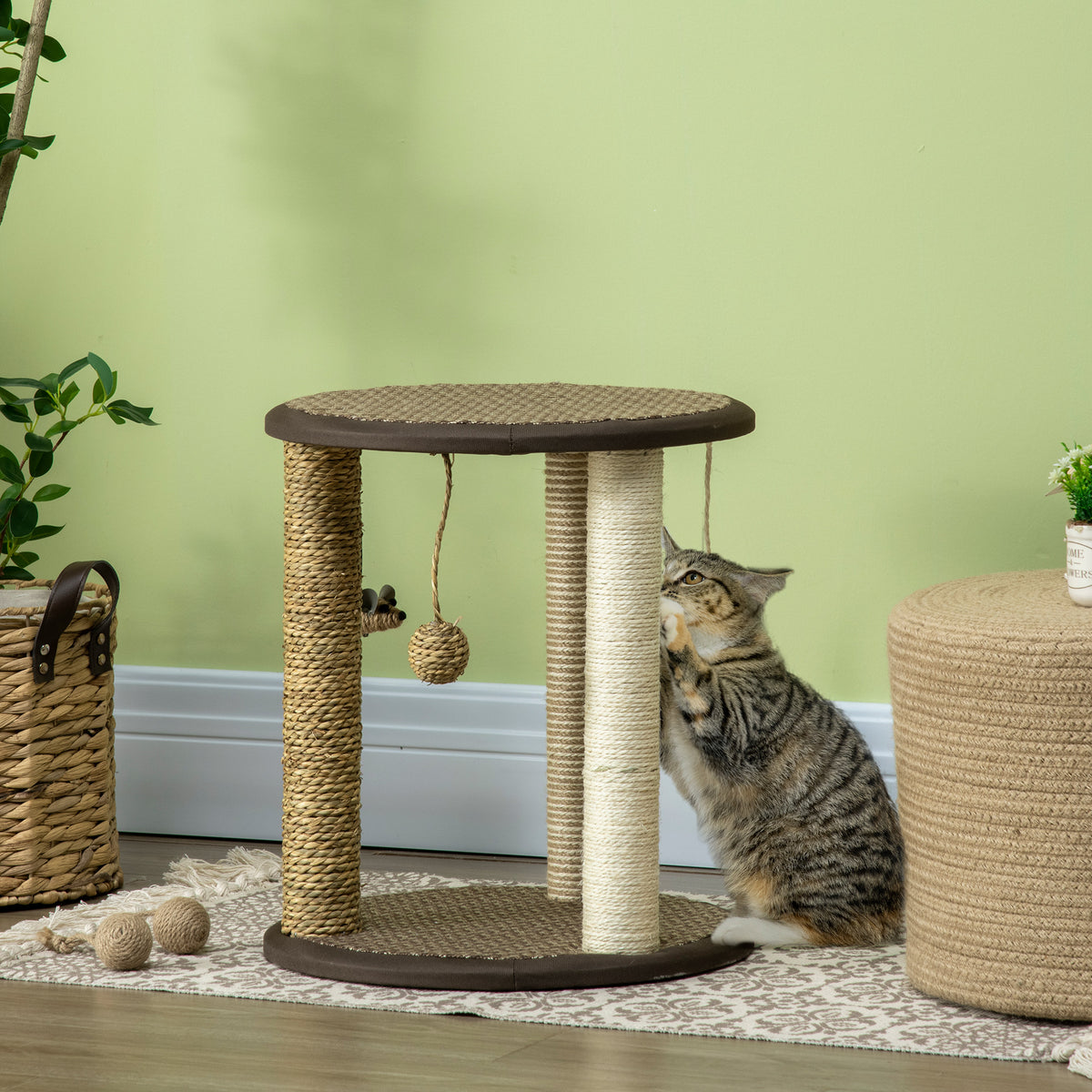 17" Cat Tree, Kitty Activity Centre with Hanging Toys, Cat Tower with Jute, Sisal, Seagrass Scratching Post, Brown