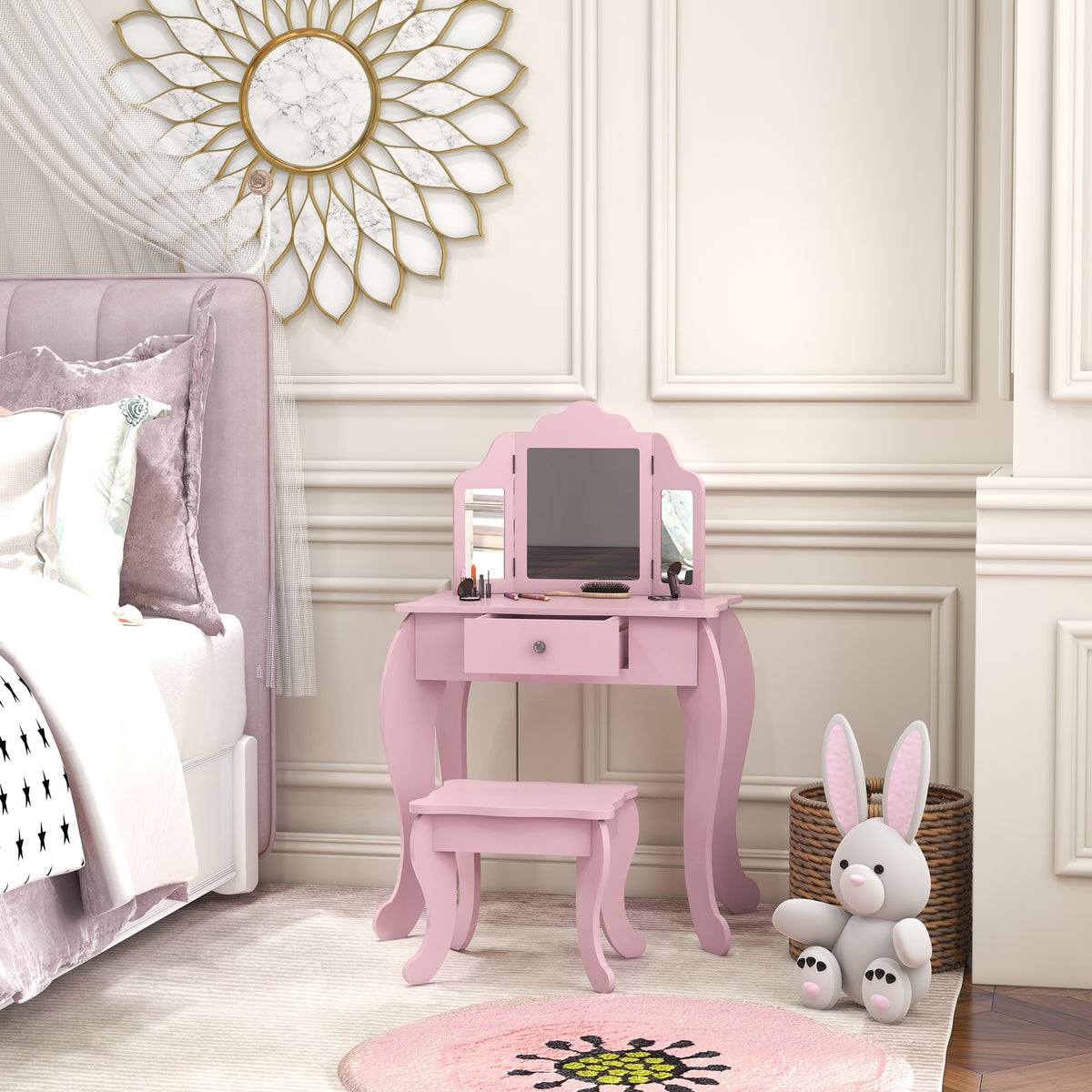Qaba Kids Vanity Table and Stool, Makeup Vanity Girls Dressing Table Set with Tri-folding Mirrors Drawer Star and Heart Pattern, Pink