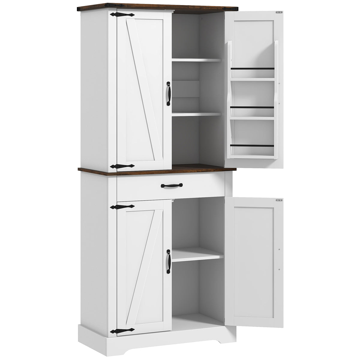 71" Tall Kitchen Cabinet, Farmhouse Pantry Cabinet with Barn Doors, Drawer and Adjustable Shelves, White
