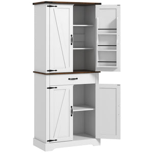 71" Tall Kitchen Cabinet, Farmhouse Pantry Cabinet with Barn Doors, Drawer and Adjustable Shelves, White