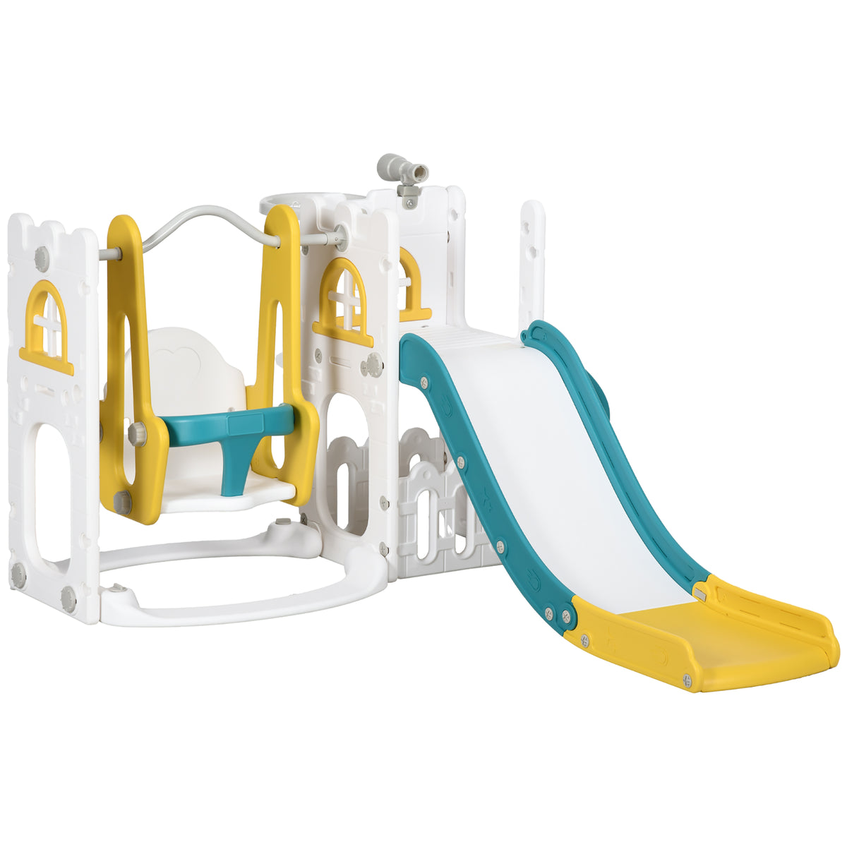 Qaba 6-in-1 Slide and Swing Set Baby Swing Playset Indoor with Basketball Hoop, Climber, Storage Space, Telescope