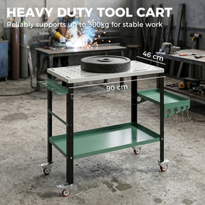 2Tier Rolling Welding Table, Lockable Steel Heavy Duty Welding Workbench Table with Side Tray, Silver & Green