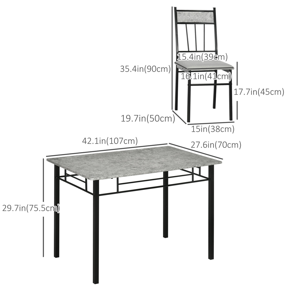 5 Pieces Diner Tables Dining Room Sets for 4 People with Marble Effect Tabletop Padded Chairs and Metal Frame Grey