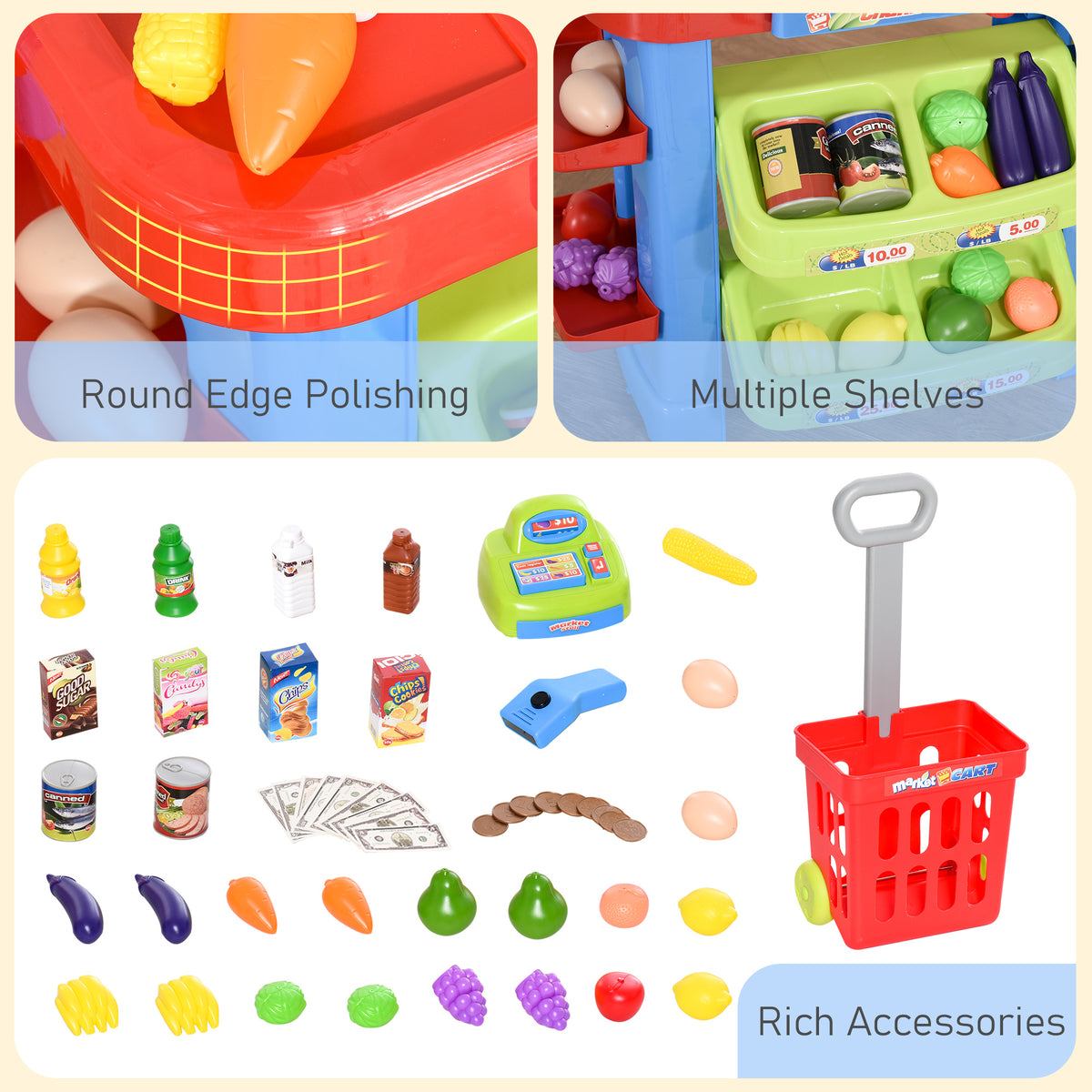 Qaba Kids Supermarket Playset with Cash Register – 50-Piece Grocery Store Pretend Play Toy with Checkout Counter for Boys & Girls Ages 3–6