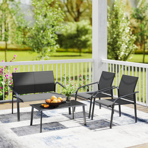 4 Piece Patio Furniture Set, Outdoor Conversation Set with Deep Seat, Loveseats, Armchairs, Glass-Top Table, Black