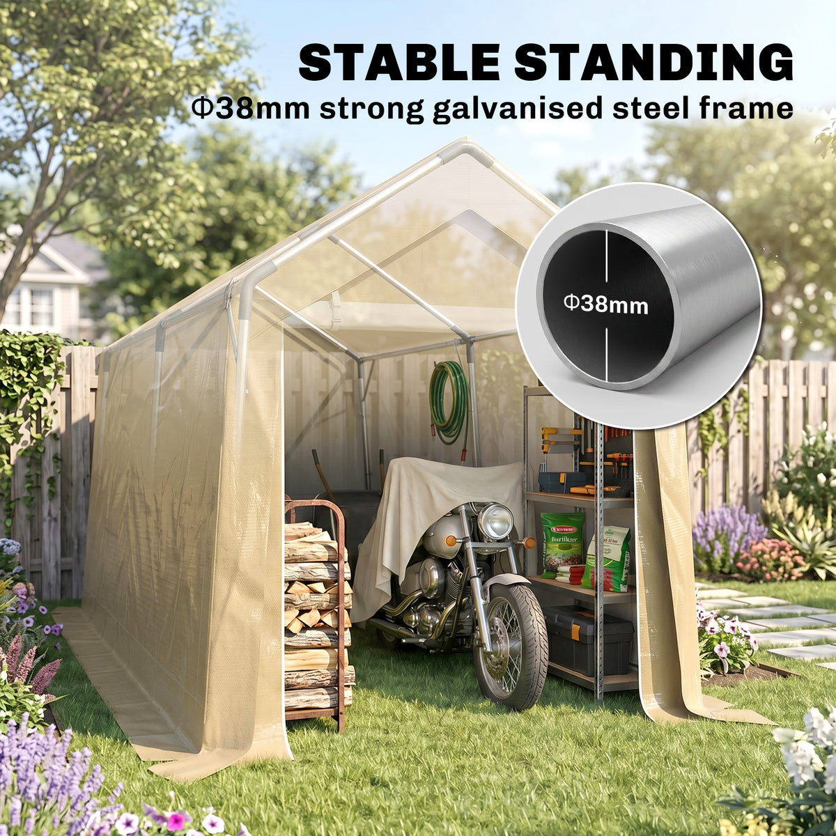 7' x 12' Outdoor Storage Shed Portable Garage with Roll-up Door for Motorcycle, Bike, Garden Tools, Beige – view 4