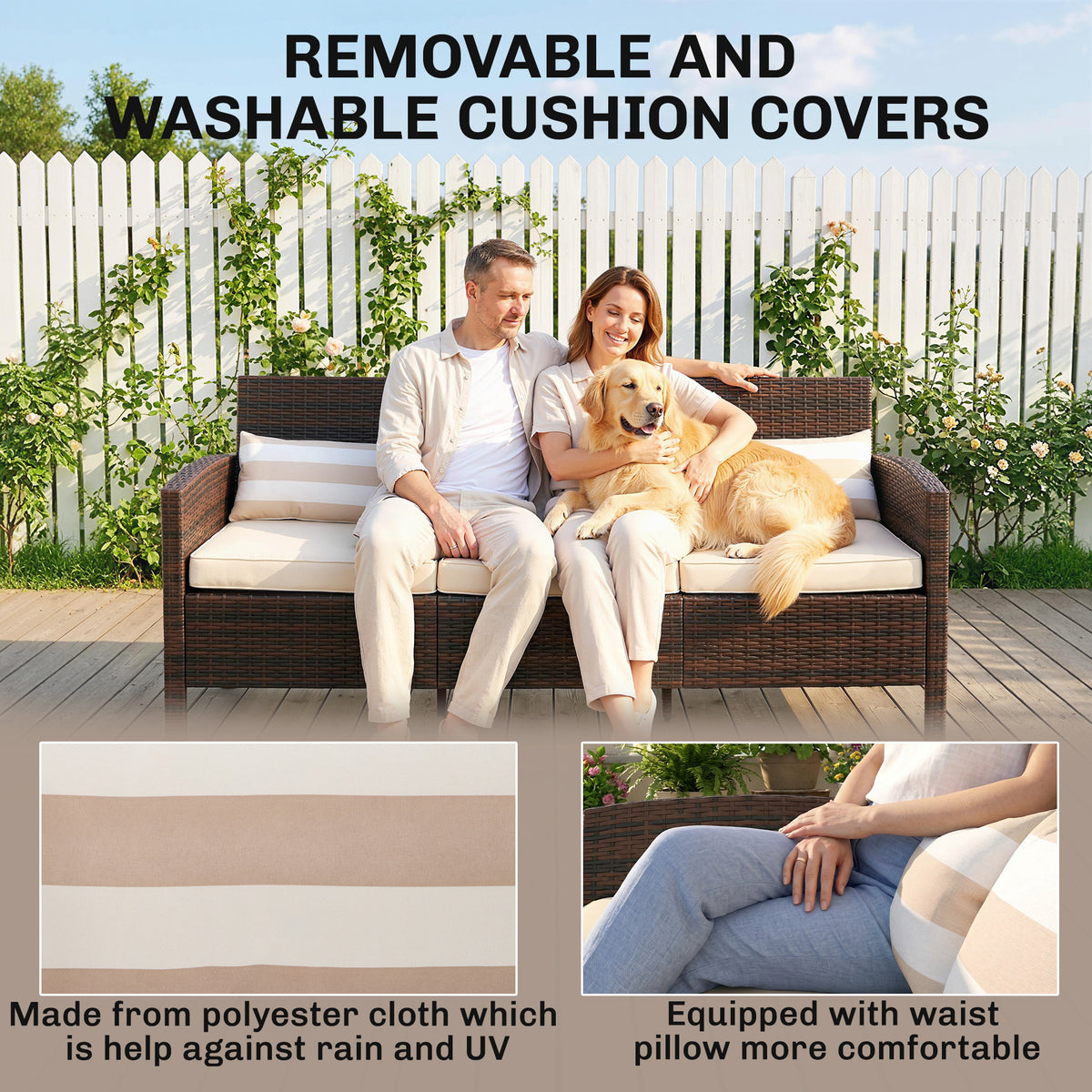 3-Seater Wicker Sofa, PE Rattan Outdoor Couch Conversation Furniture with Removable Cushions for Patio – view 12