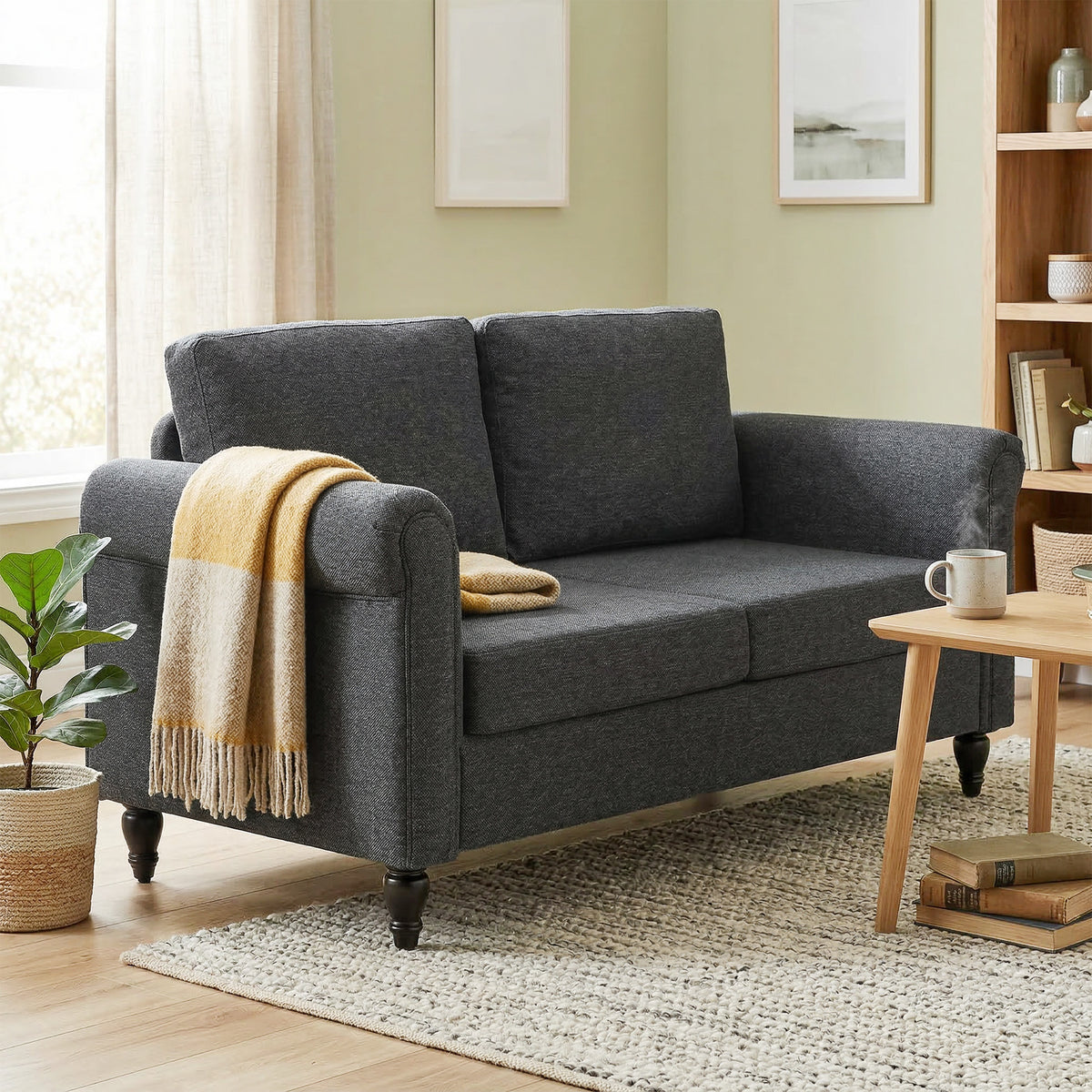 Vintage Loveseat, Upholstered Love Seat Furniture, Chenille-feel Fabric 2 Seater Sofa Couch with Rolled – view 7