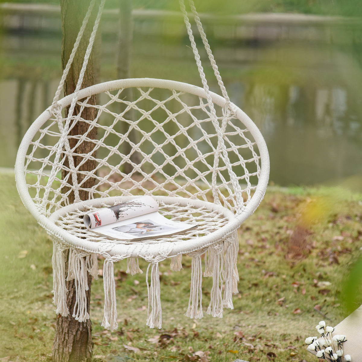 Patio Hammock Chair, Hanging Rope Hammock Swing for Indoor & Outdoor Use with Backrest – view 7