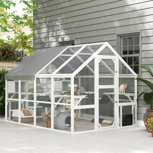 Outdoor Cat Enclosure Wooden Feral Cat House w/ Weatherproof Canopy, Bridges, Resting Boxes, Platforms, for 3-6 Cats
