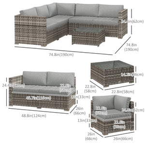 4 Pieces Rattan Wicker Outdoor Conversation Furniture Set w/ Corner Sofa Loveseats Coffee Table Cushions, Mixed Grey
