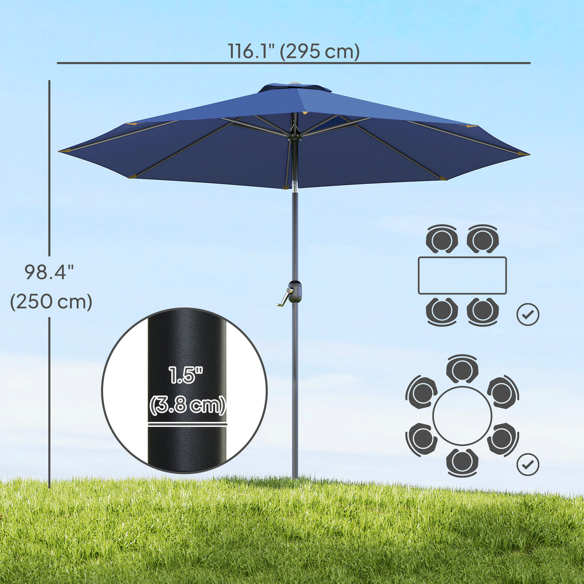 10' x 8' Round Market Umbrella, Patio Umbrella with Crank Handle and Tilt, Outdoor Parasol for Garden, Blue – view 2