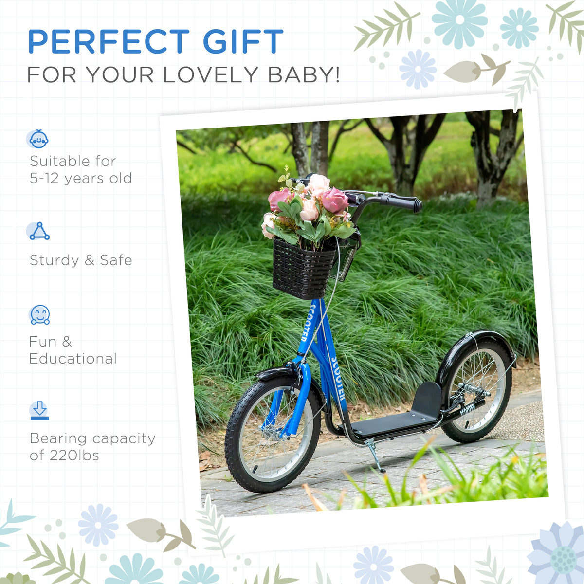 Aosom Kick Scooter with Adjustable Handlebar, Kids Scooter with 2 Brakes Basket Cupholder 16" Inflatable Rubber Tyres
