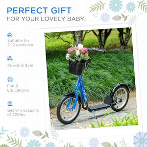 Aosom Kick Scooter with Adjustable Handlebar, Kids Scooter with 2 Brakes Basket Cupholder 16" Inflatable Rubber Tyres