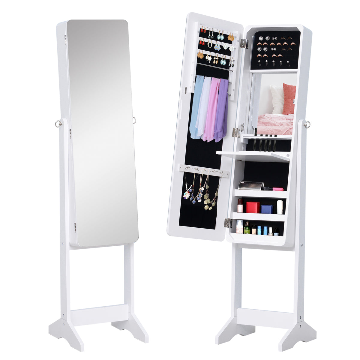 Freestanding Mirror Jewelry Cabinet Armoire, LED Lighted Jewelry Organizer with Stand, Angle Adjustable