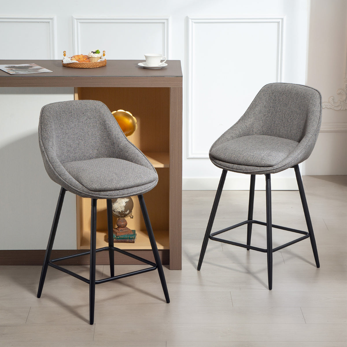 26" Counter Height Barstools Set of 2, Upholstered Swivel Bar Stools with Backrests and Armrests, Dark Grey – view 7