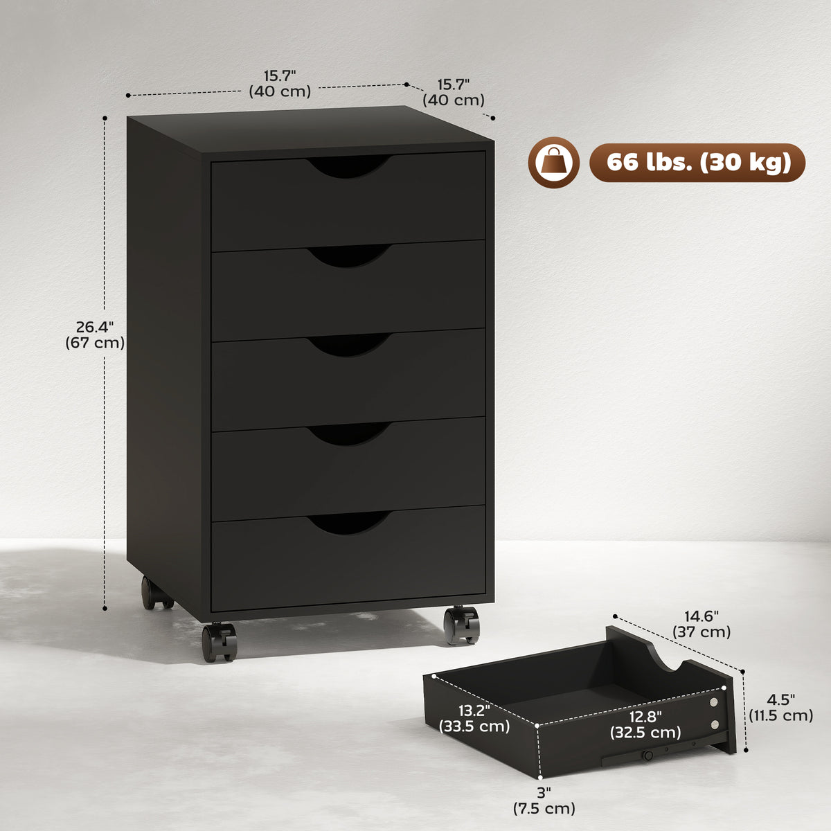 File Cabinet with 5 Drawer Wheels, 15.7" x 15.7" x 26.4", Black – view 2