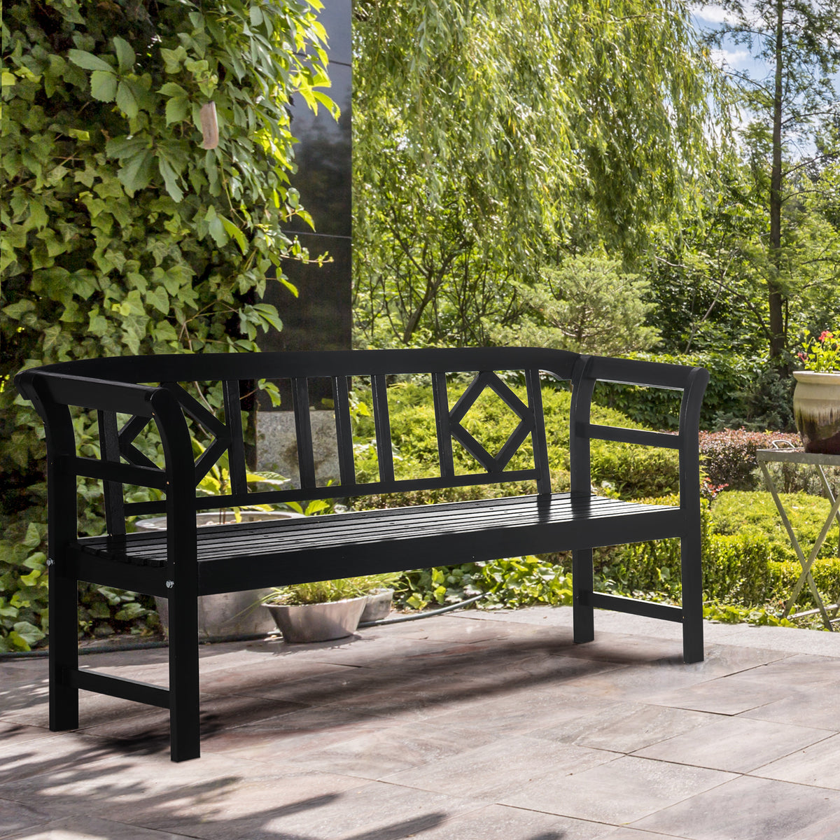Wooden Outdoor Bench, 3 Person Patio Garden Bench with Diamond Pattern Backrest, Slatted Seat, 792 LBS Capacity, Black