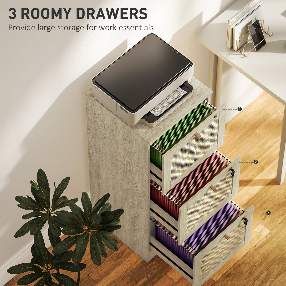 2 Drawer Filing Cabinet with Lock, Boho File Cabinet for A4 Letter Size Files with Decorative Rattan – view 10