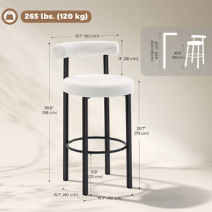 Bar Stools Set of 2, Sherpa Upholstered Barstools with Backrest, Bar Height Stools with Footrest for Kitchen Island