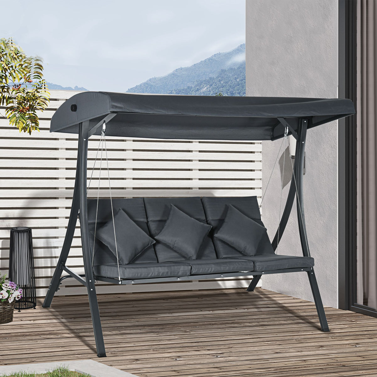 3-Person Patio Swing Chair, Outdoor Porch Swing Bench with Adjustable Canopy, Cushioned Seat, Dark Grey