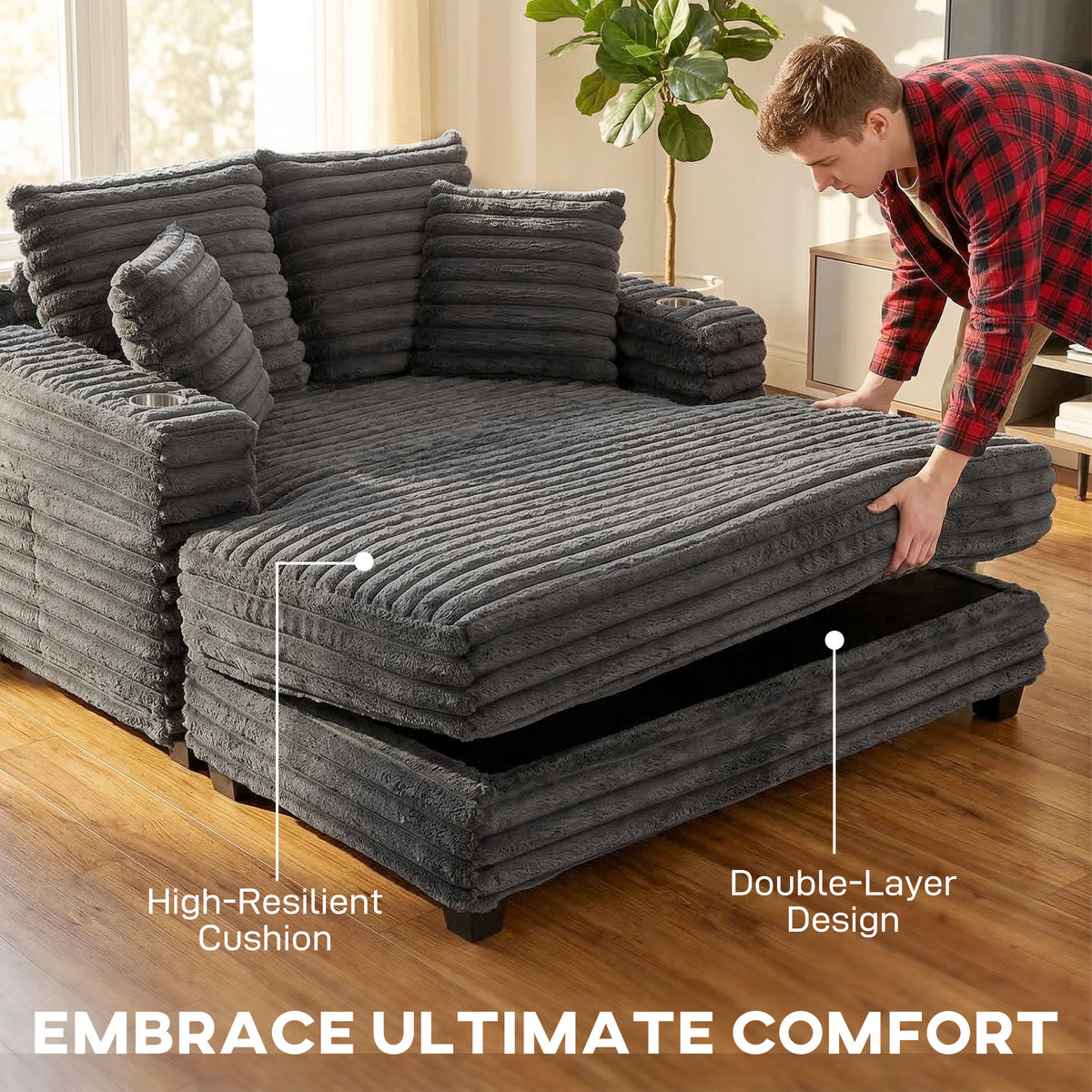 60" Chaise Lounge Chair, Oversized Upholstered Sofa Bed with Cup Holders & Pillows – view 10