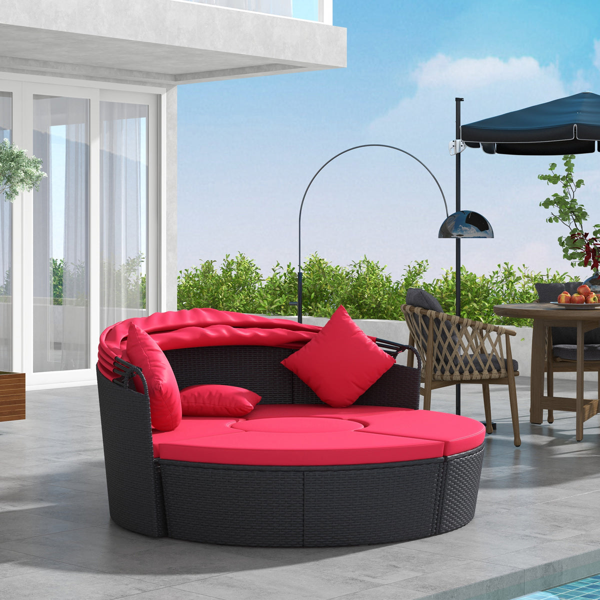 4-piece Round Sofa Bed, Outdoor Daybed with Retractable Canopy, PE Rattan Wicker Patio Lounge Chair