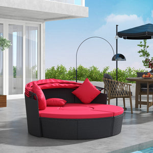 4-piece Round Sofa Bed, Outdoor Daybed with Retractable Canopy, PE Rattan Wicker Patio Lounge Chair
