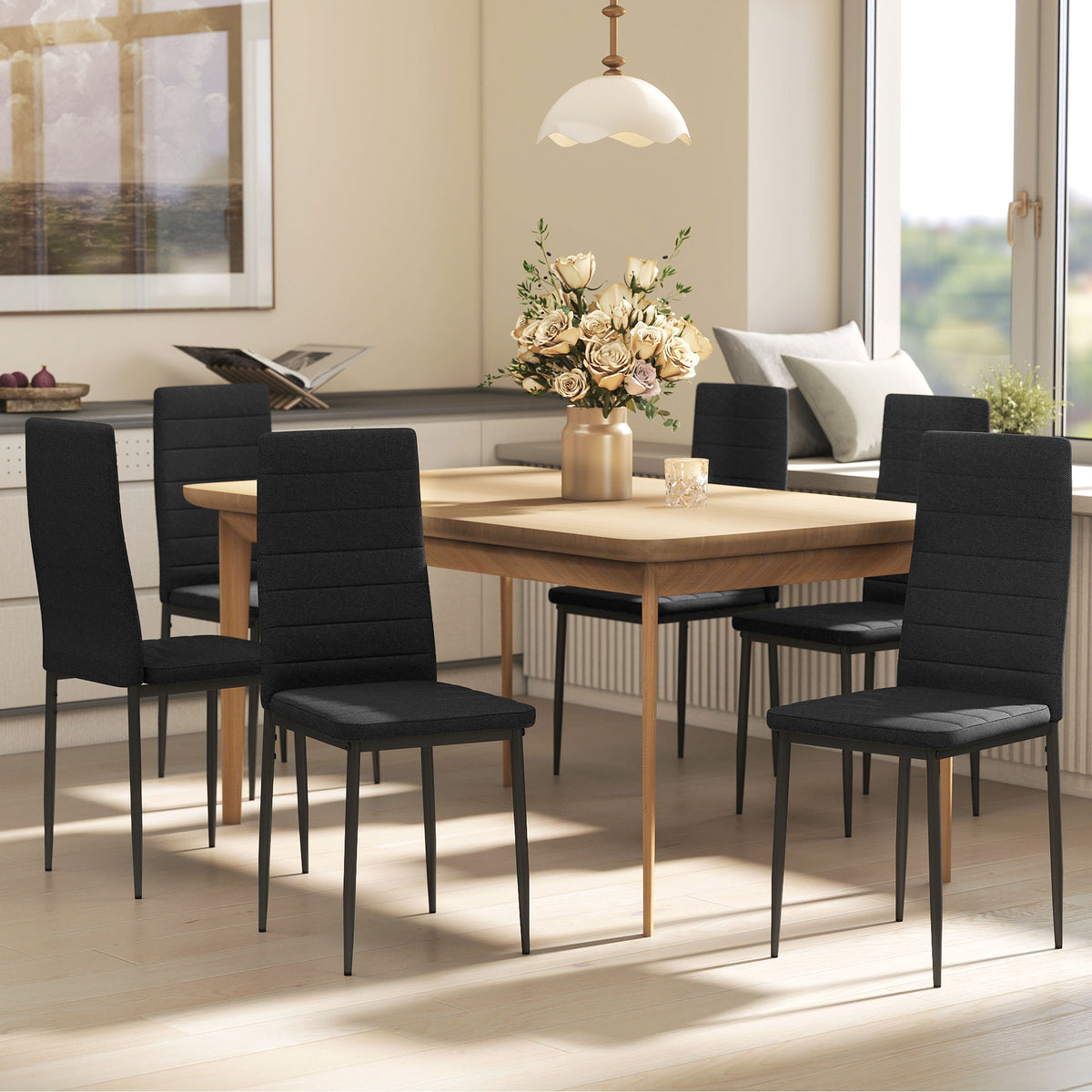 High Back Dining Chairs, Modern Upholstered Linen Fabric Accent Chairs with Metal Legs for Kitchen, Set of 6, Black