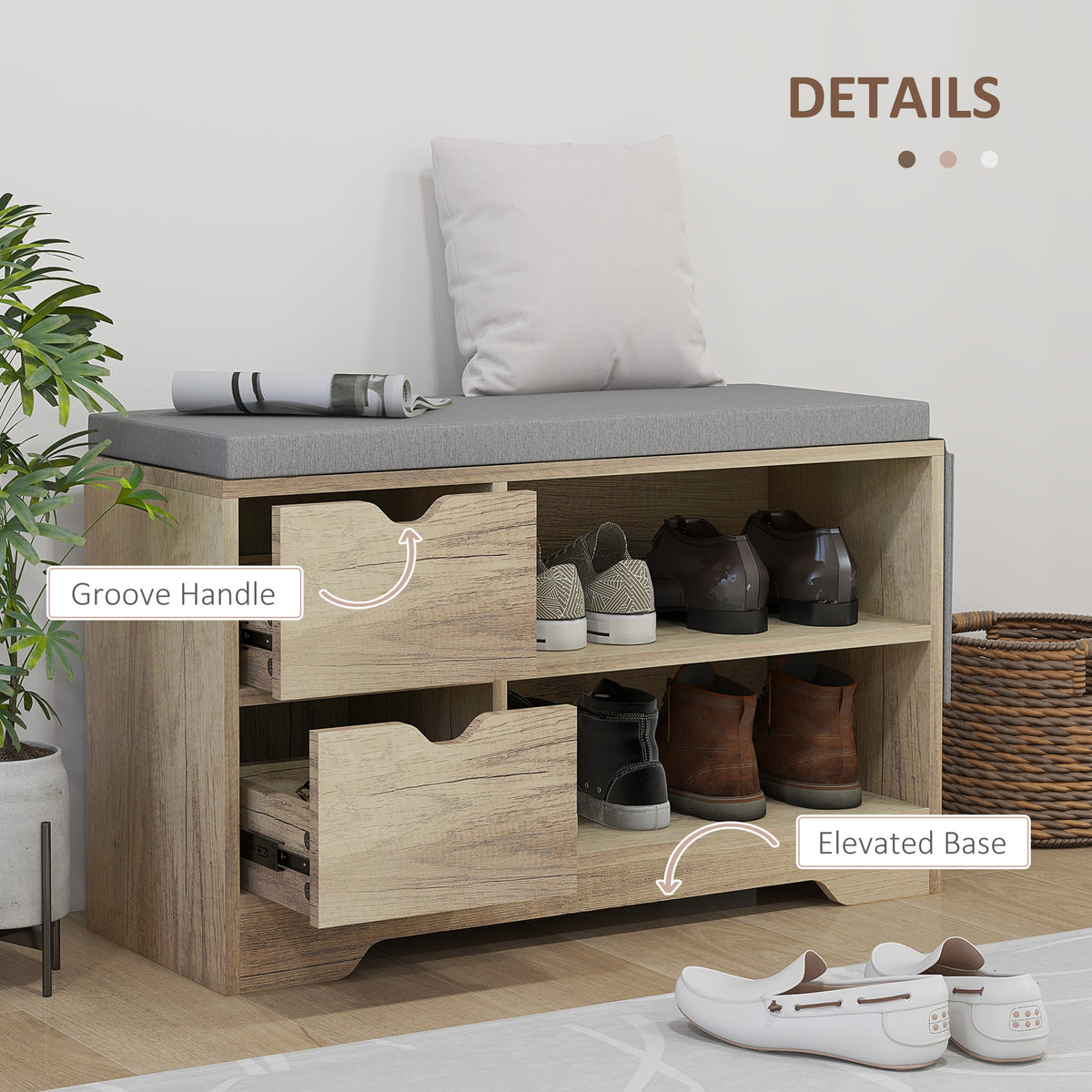 Upholstered Shoe Storage Bench w/ Seat, Entrance Bench w/ Drawer Open Shelves and Pocket for Hallway, White – view 12