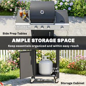 3 Burner Propane Gas Grill with Side Burner, 36,000 BTU BBQ Grill with Cast Iron Grates, Wheels, Warming Rack, Cabinet