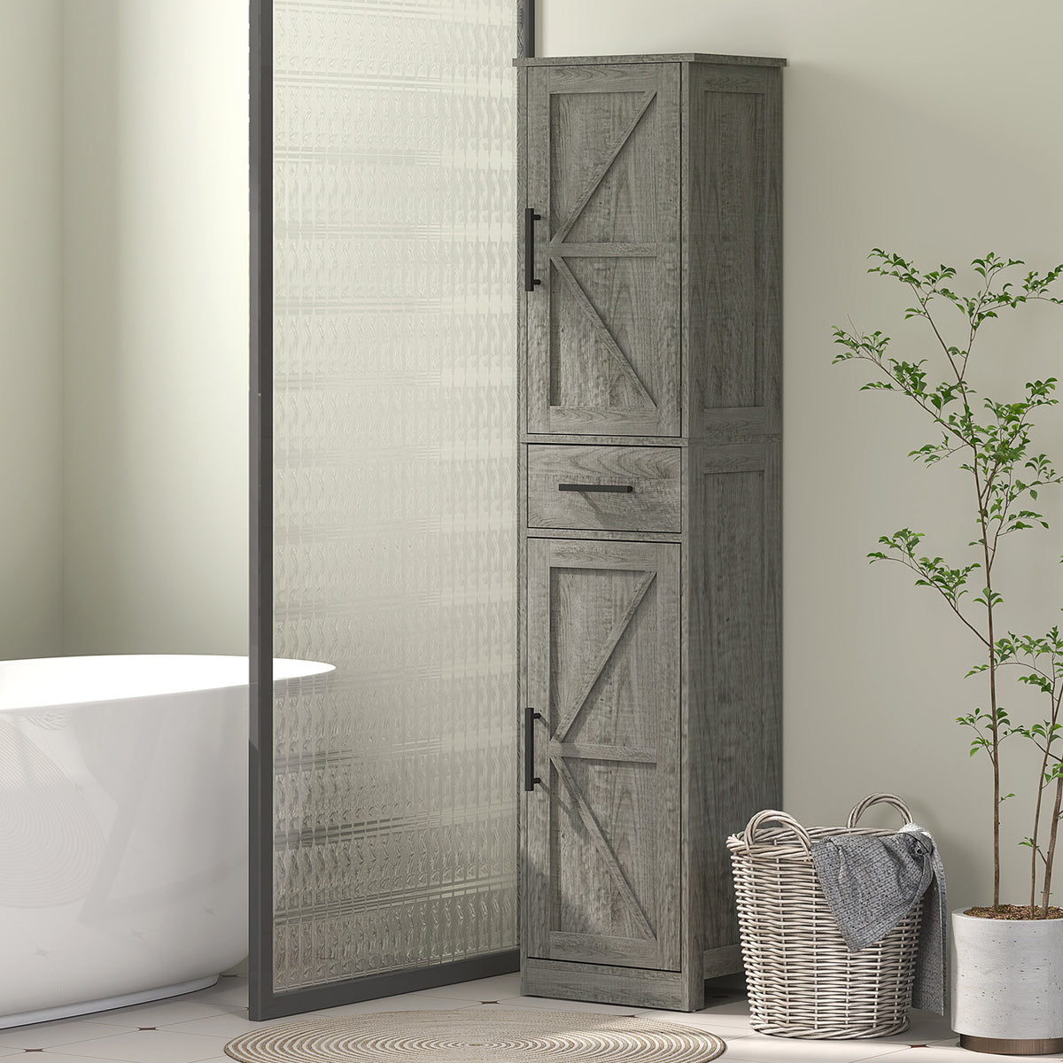 67" Tall Bathroom Cabinet, Narrow Bathroom Storage Cabinet with Drawer, Barn Doors and Adjustable Shelves – view 14
