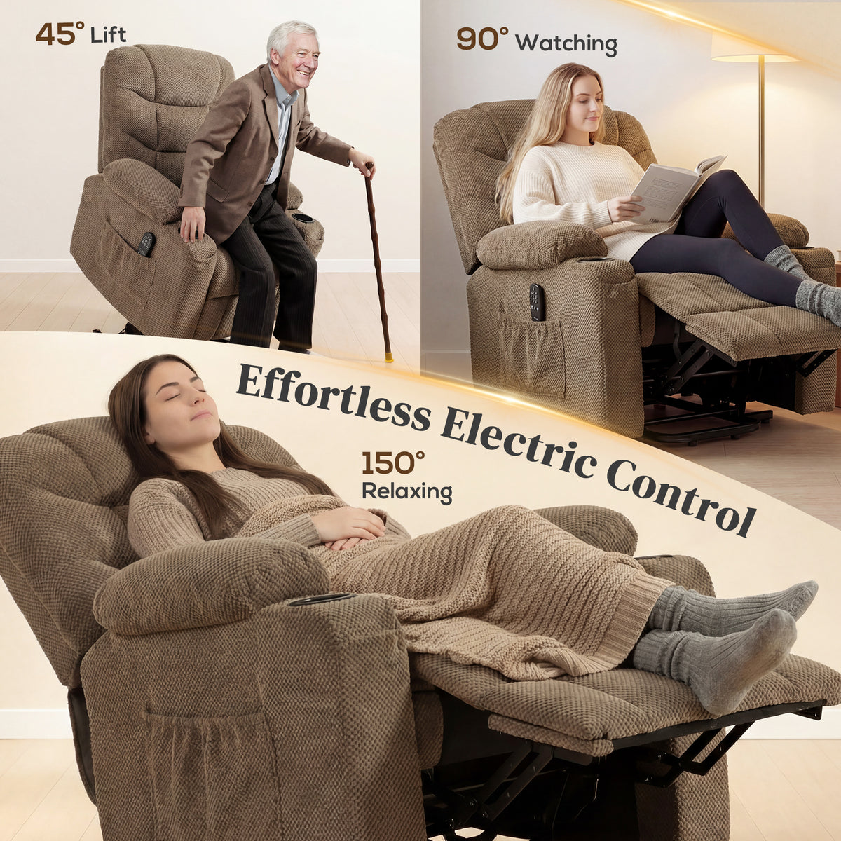 Power Recliner Chair with Massage, Electric Lift Chair for Elderly with Side Pockets, Cup Holders, Remote, Brown
