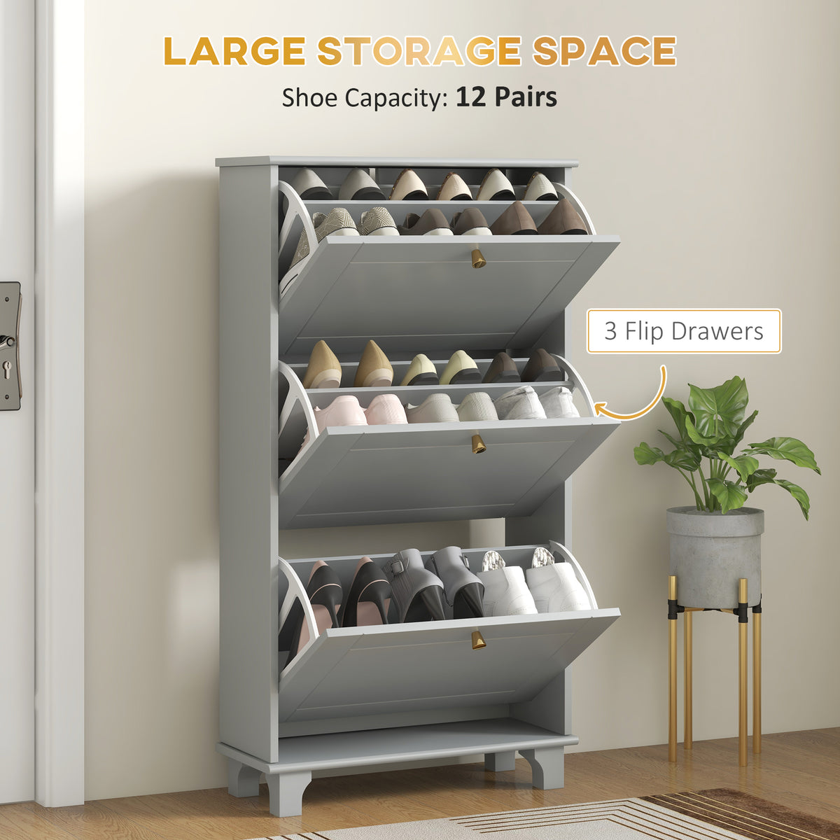 Narrow Shoe Storage with 3 Flip Drawers and Adjustable Shelves – view 11
