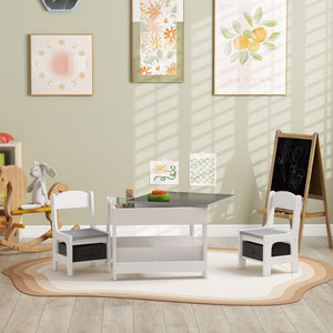 Qaba 3 Piece Kids Table and Chair Set with Reversible Tabletop, Blackboard, Storage, Bookshelf, for Playroom, Nursery